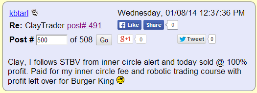 Clay, I follow STBV from inner circle alert and today sold @ 100% profit. Paid for my inner circle fee and robotic trading course with profit left over for Burger King.