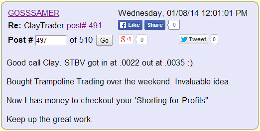 Good call Clay. STBV got in at .022 out at .0035 :). Bought Trampoline Trading over the weekend. Invaluable idea. Now I have money to checkout your 'Shorting for Profits'. Keeps up the great work.