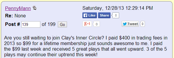 Are you still waiting to join Clay's Inner Circle? I paid $400 in trading fees in 2013 so $99 for a lifetime membership just sounds awesome to me. I paid the $99 last week and received 5 great plays that all went upward. 3 of the 5 plays may continue their uptrend this week!