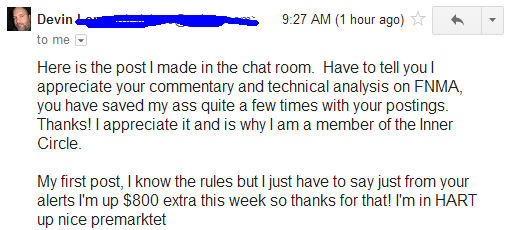 Have to tell you I appreciate your commentary and technical analysis on FNMA, you have saved my ass quite a few times with your posting. Thanks! I appreciate it and is why I am a member of the Inner Circle. My first post, I know the rules but just have to say just from your alerts I'm up $800 extra this week so thanks for that! I'm in HART up nice premarket.