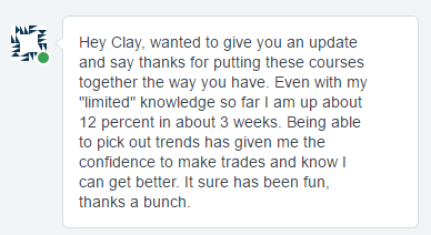 Hey clay, wanted to give you and update and say thanks for putting these courses together the way you have. Even with my "limited" knowledge so far I am up about 12 percent in about 3 weeks. Being able to pick out trends has given me the confidence to make trades and know I can get better. It sure has been fun, thanks a bunch.