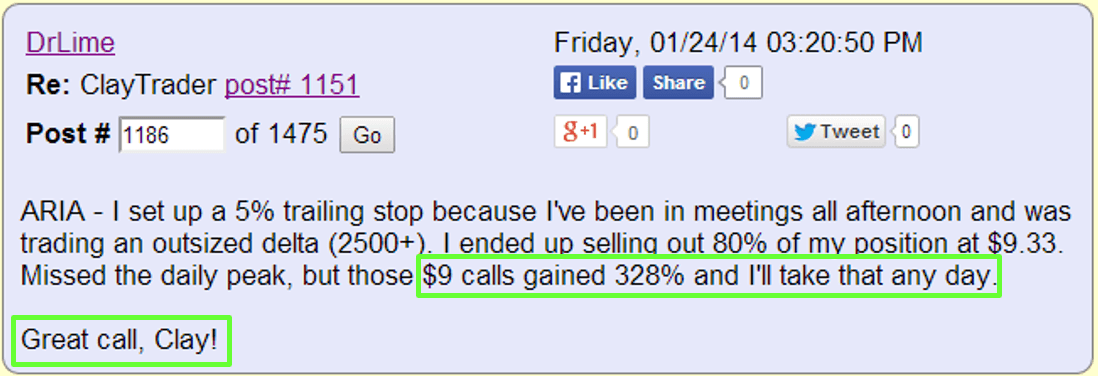 ARIA - I set up a 5% trailing stop because I've been in meetings all afternoon and was trading an outsized delta (2500+). I ended up selling out 80% of my position at $9.33. Missed the daily peak, but those $9 calls gained 328% and I'll take that any day.