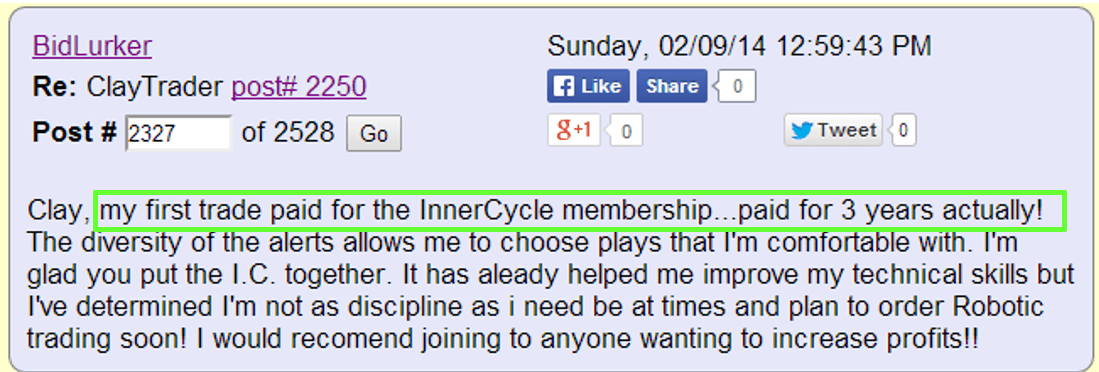 My first trade paid for the Inner Circle membership... paid for 3 years actually! The diversity of the alerts allows me to choose plays that I'm comfortable with. I'm glad you put the IC together. It has already helped me improve my technical skills but I've determined I'm not as a disciplined as I need to be at times and plan to order Robotic Trading soon! I would recommend joining to anyone wanting to increase profits!